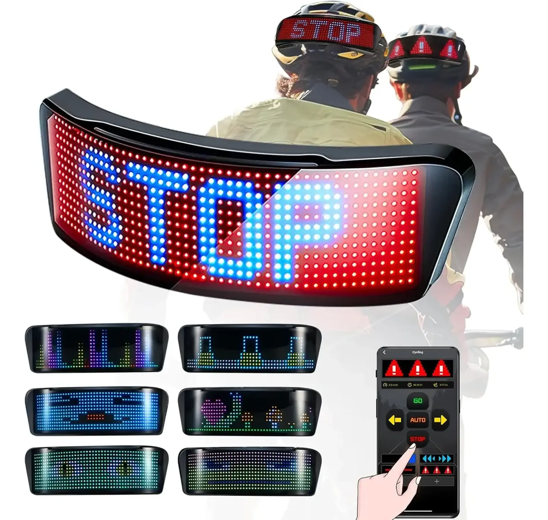 Display LED curvo com mensagem STOP, exemplos de animações e controle pelo celular