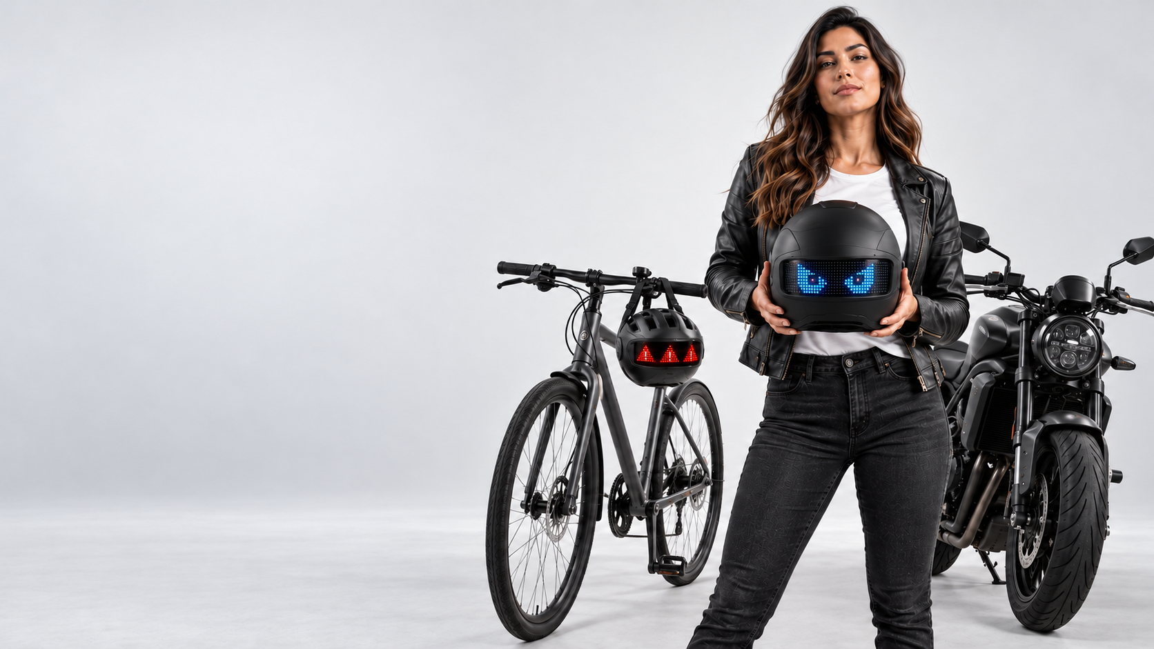 Mulher segurando um capacete ao lado de bicicleta e motocicleta em contexto urbano